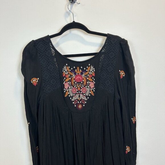 Free People Small Dress Black Mohave Embroidered Mini Tunic Lace Long Sleeve - Picture 2 of 13